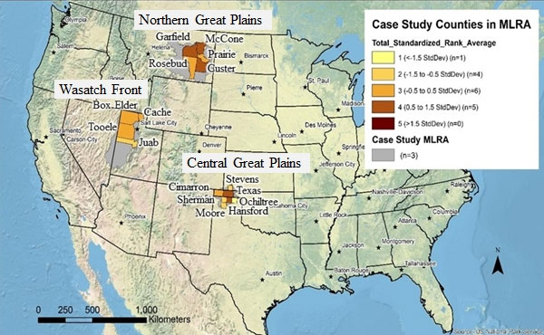 Case Study Counties in MLRA - Total Standardized Rank Average